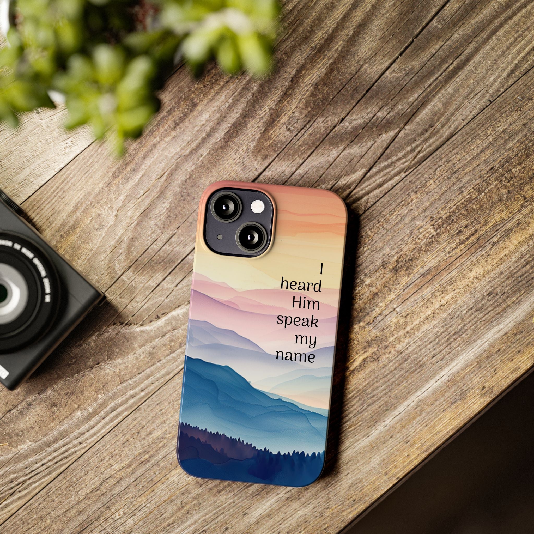 Slim Phone Case — 'Then I Heard Him Speak My Name' Pastel Mountain Christian Design