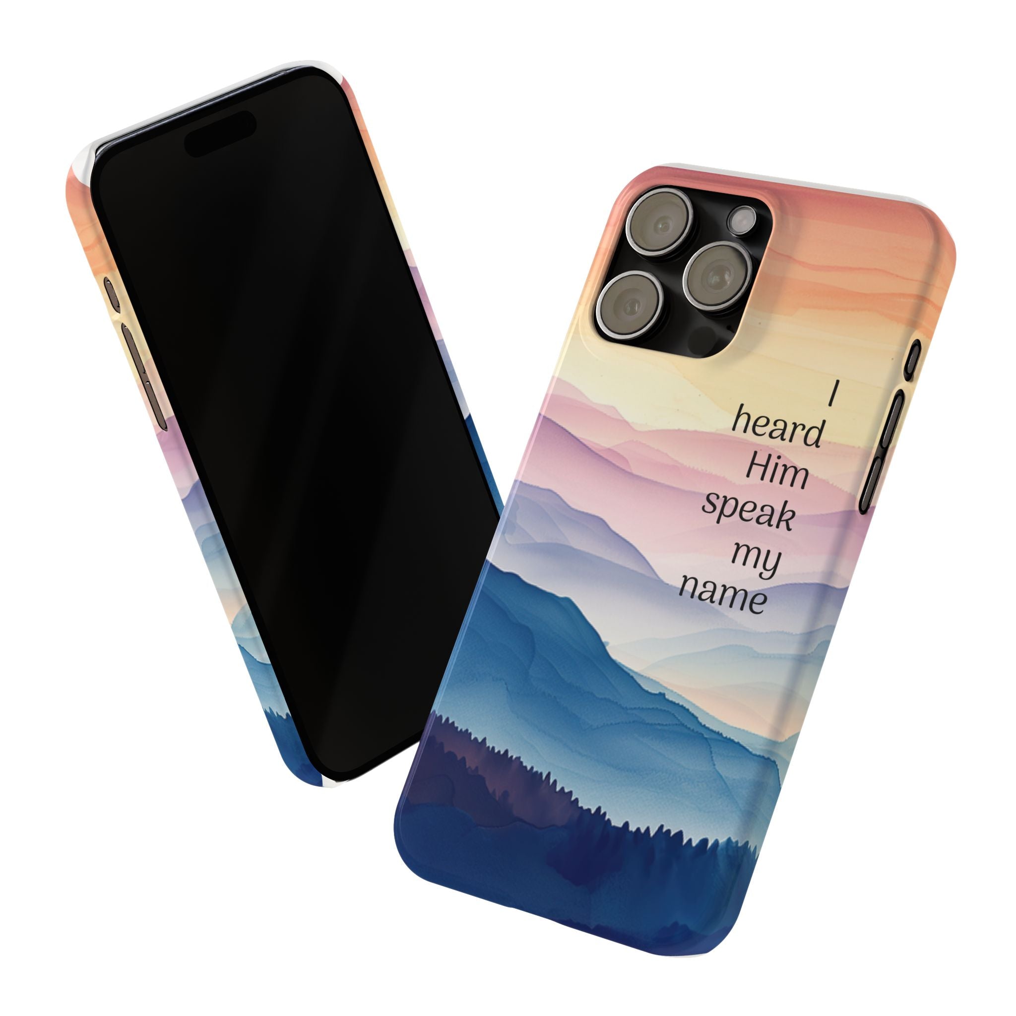 Slim Phone Case — 'Then I Heard Him Speak My Name' Pastel Mountain Christian Design