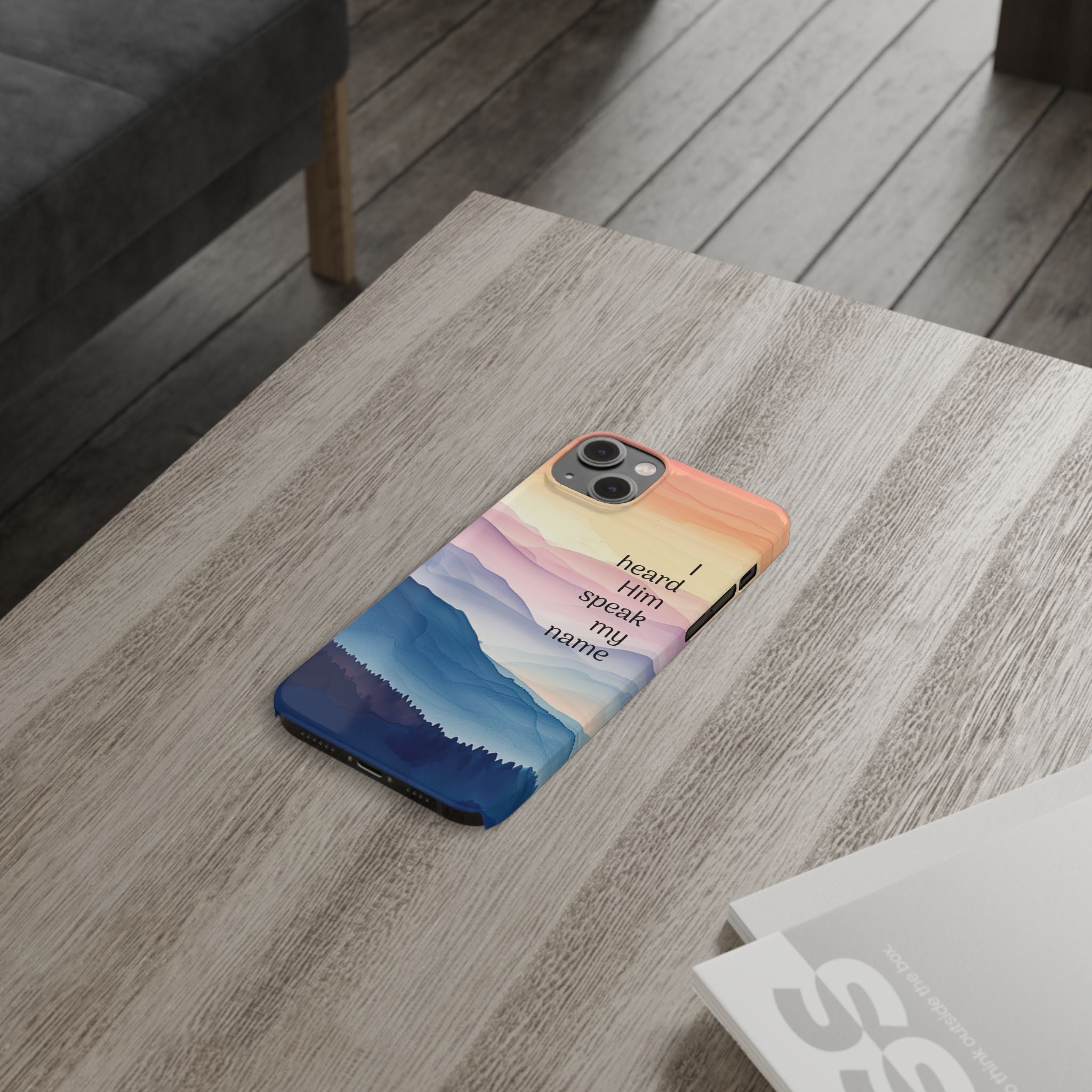 Slim Phone Case — 'Then I Heard Him Speak My Name' Pastel Mountain Christian Design