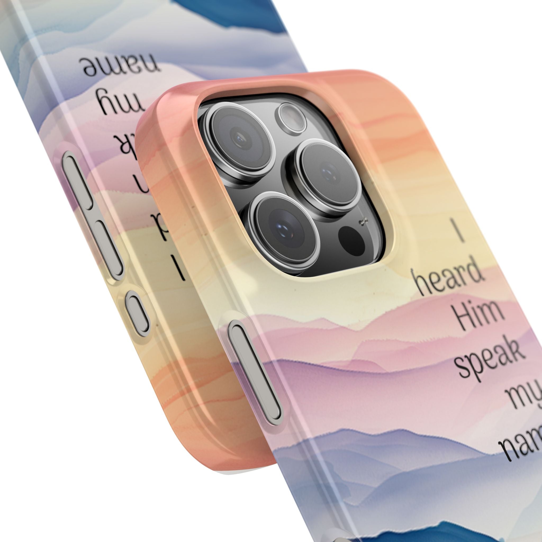 Slim Phone Case — 'Then I Heard Him Speak My Name' Pastel Mountain Christian Design