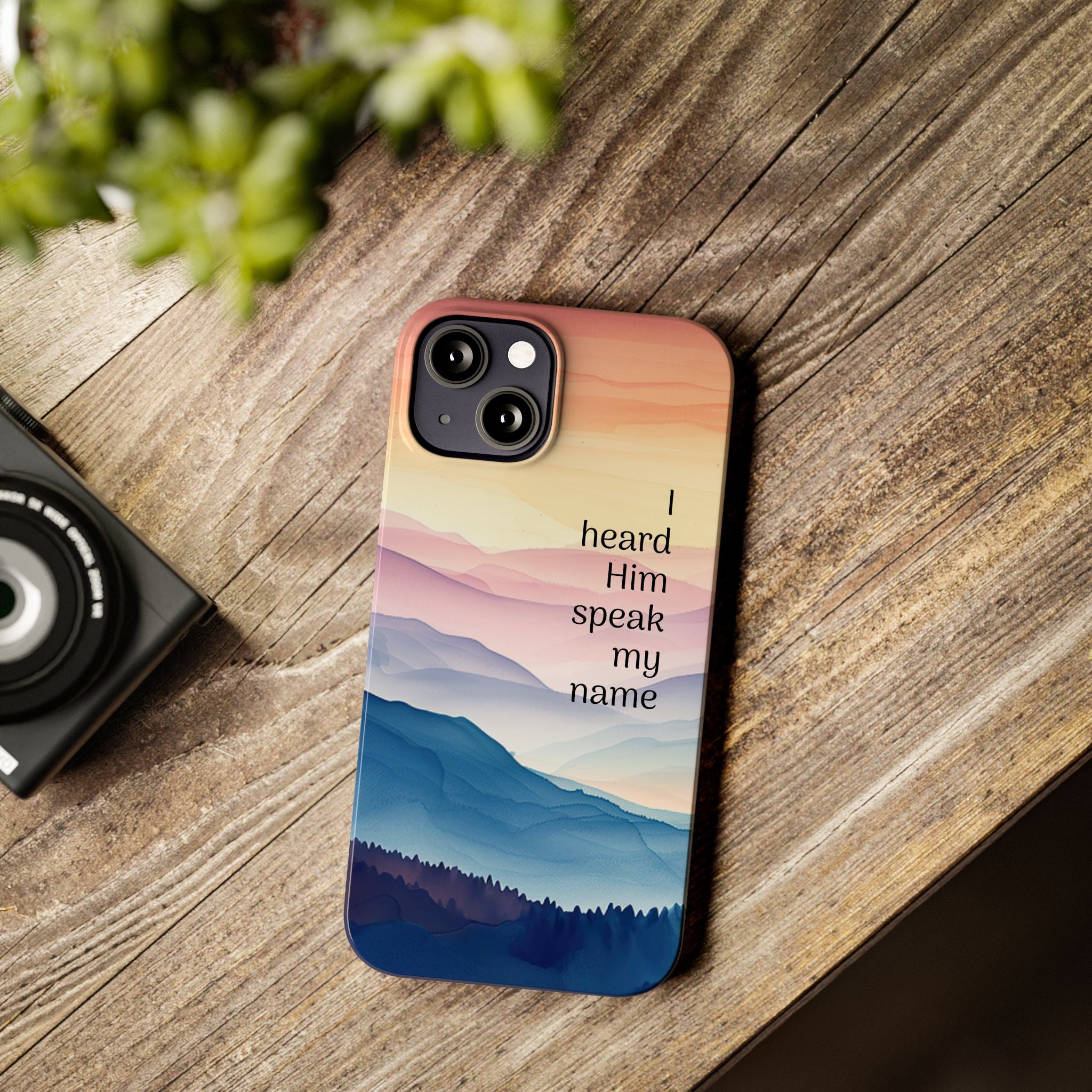 Slim Phone Case — 'Then I Heard Him Speak My Name' Pastel Mountain Christian Design