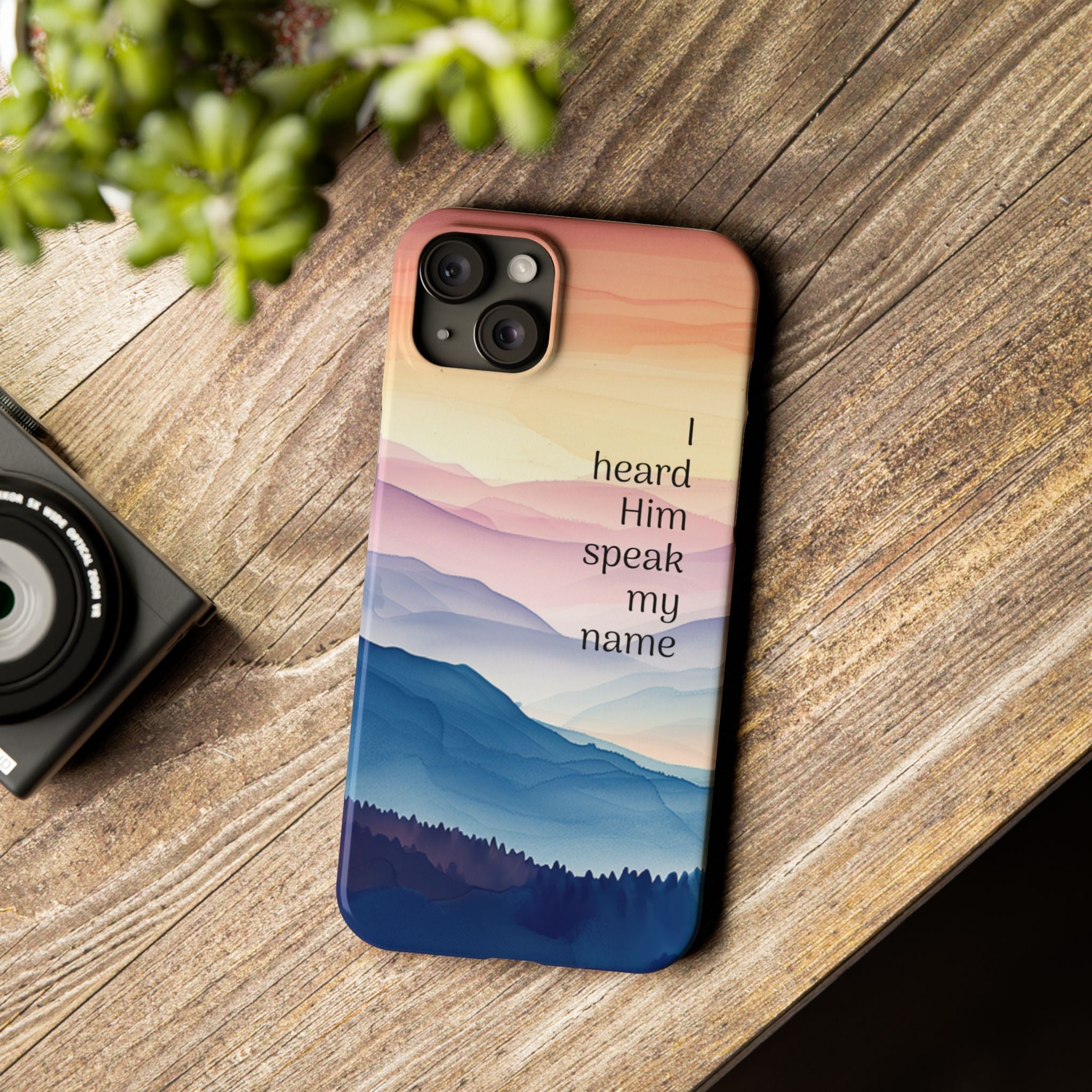 Slim Phone Case — 'Then I Heard Him Speak My Name' Pastel Mountain Christian Design