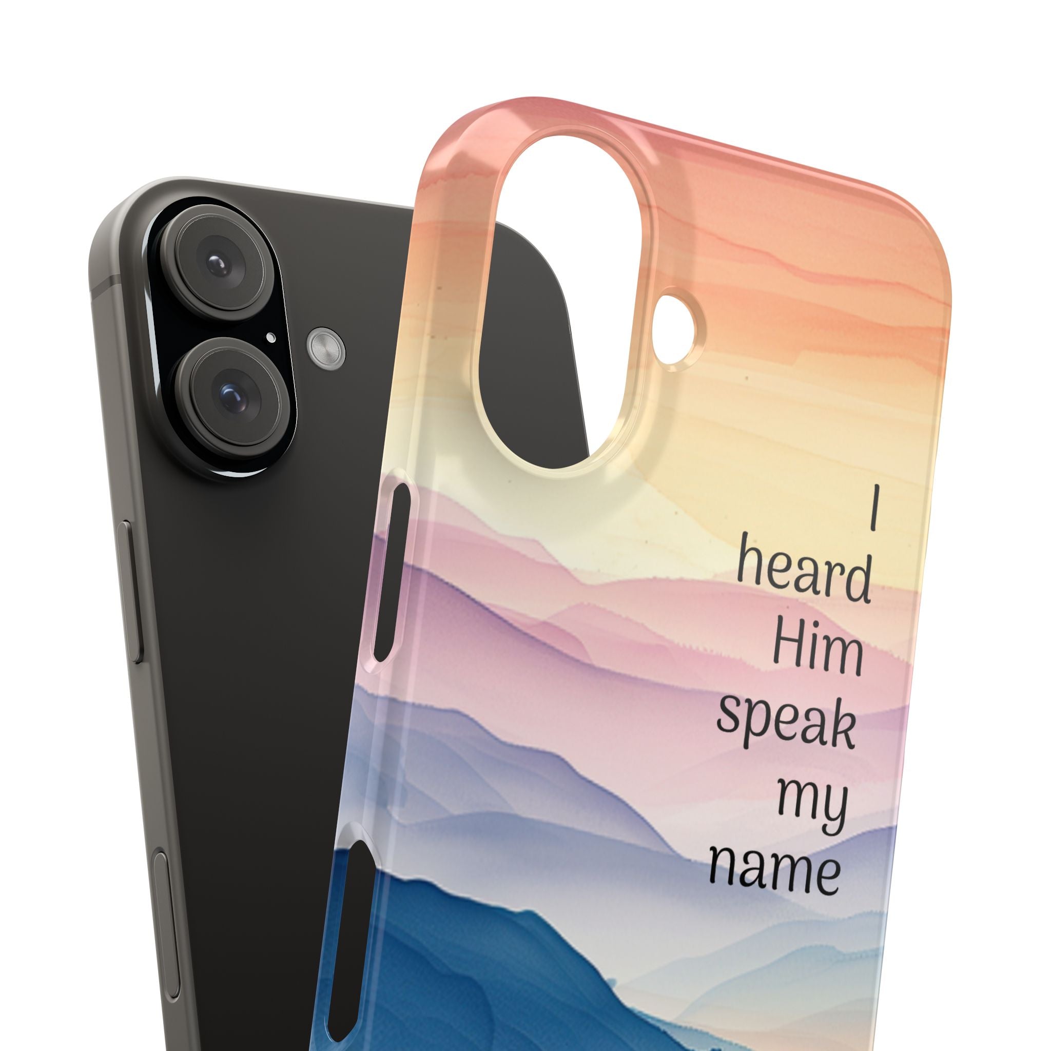 Slim Phone Case — 'Then I Heard Him Speak My Name' Pastel Mountain Christian Design